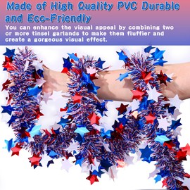 50 Feet Patriotic Tinsel Garland 4th of July Decorations, Red White Blue Star Tinsel Garlands Metallic Glitter Garland for Fourth of July Independence Day Memorial Day Decor Outdoor Indoor Home Party