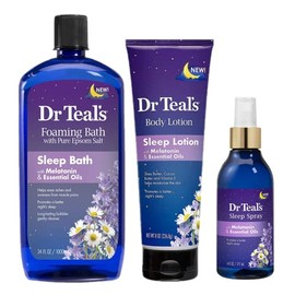 Dr Teals - Juego de regalo de baño de melatonina para dormir (baño espumoso (34 onzas), loción corporal (8 onzas) y spray para dormir (6 onzas), alivi