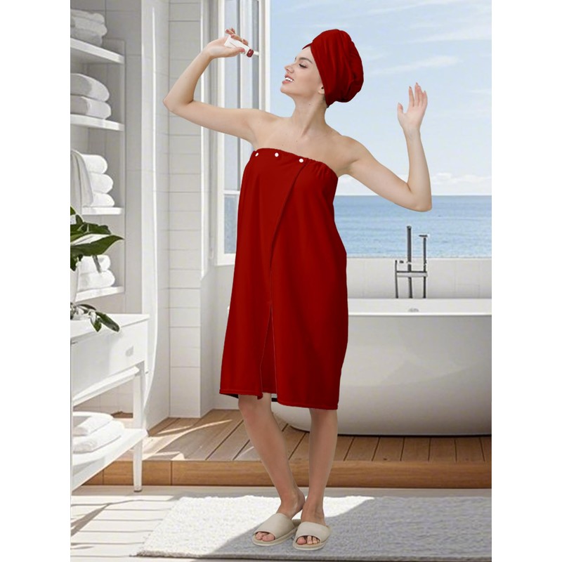 Women's Bath Towel Wrap Set with Hair Turban, Red, Microfiber,
