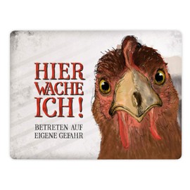Tin Sign - with text “Betreten auf eigene Gefahr! Hier wache ich!" (German language) with Chicken - a cool metal sign from Trendaffe - matching other terms: 96622 Tin Sign, Aluminium Sign, or Enamel Sign in Various Sizes.