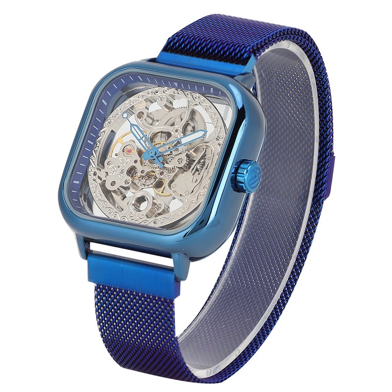 FORSINING Stainless Steel Strap Waterproof Hollow Automatic Mechanical Men WatchBlue