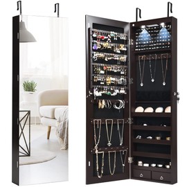 OFFICEJOY Wall/Door Mounted Jewelry Armoire w/Full-Length Mirror & LED Lights, Lockable Jewelry Armoire Mirror Organizer, Jewel Storage Hanging Cabinet w/Scarf Rod, 36 Hooks, 1 Makeup Pouch (Coffee)