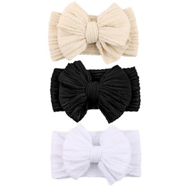 LemonSpace Handmade Baby Girls Headbands Soft Stretchy Nylon Hair Bands Hair Accessories with Bows for Newborn Baby Girls Infant Toddlers Kids (Beige Black White)