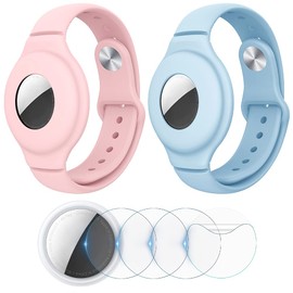[2+4Pack] VEGO AirTag Bracelet for Kids, 2 Pack Silicone Watch Bands + 4 Pack Anti-Scratch Films for Children, [Upgraded] Metal Studs Anti-Dropping Wristband Compatible with AirTag (Pink+Baby-Blue)