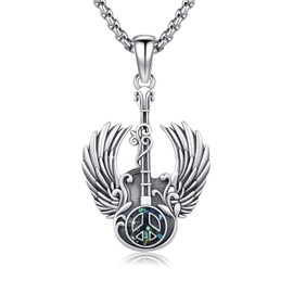YueYuan Guitar Necklace 925 Sterling Silver Abalone Shell Music Necklace Peace Sign Pendant Music Dream Jewelry Gifts for Women Men Music Lovers