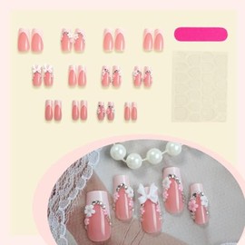 Uñas francesas postizas cuadradas cortas con cobertura total, diseño de margaritas y lazos, 24 unidades