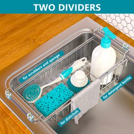 FavoThings Over The Kitchen Sink Caddy Sponge Holder Organizer Drying Rack Expandable for Sponge Brush Soap Dish Cloth Rag 14.5" to 22", Stainless Steel