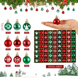 Anstore 63pcs Mini Christmas Baubles Red&Green Christmas Ball Ornaments 3cm,7 Shatterproof Christmas Tree Baubles for Xmas Tree Decorations,Holiday Wedding Party Festival Decoration
