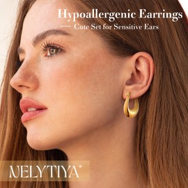 Nelytiya Chunky Hoop Earrings for Women,14K Gold Plated/Steel Chunky Huggie Hoop Earring Lightweight,Stainless Steel Thick U Shape Hoops Twist Thread Flatted Hoops Earrings Hypoallergenic