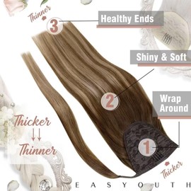Easyouth Braid Extension, Real Hair Ponytail Extensions, Ombre Medium Brown Mix Honey Blonde and Medium Brown, Balayage Clip-In Braid Extensions, Real Hair, 35 cm, 70 g, #4/27/4