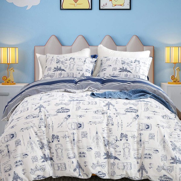 CLOTHKNOW Kids Duvet Cover Set Queen Blue White Bedding Sets Queen Bedding White Blue Cartoon Duvet Cover Cars Aircraft Vehicles Bedding Queen Sets 3Pcs Blue White Bedding Comforter Cover Sets
