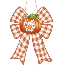 Bucherry Fall Decorations for Home Buffalo Check Bow Door Sign Pumpkin Wall Decor 16x12 Inch Wooden Front Door Hanger for Harvest Thanksgiving Farmhouse Porch Indoor Outdoor Decor(Yellow)