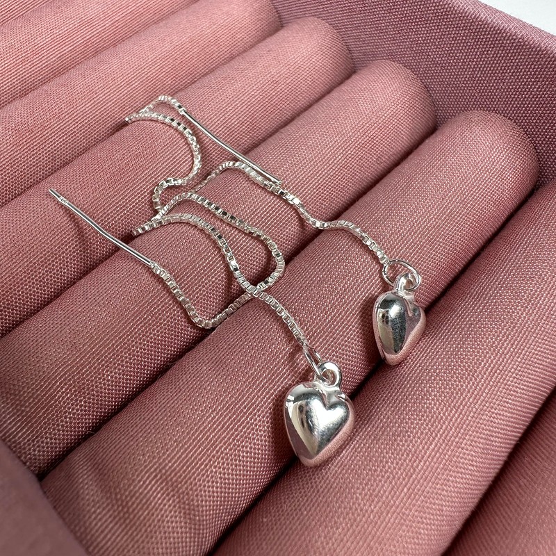 Sterling Silver Heart Pull Through Box Chain Earrings