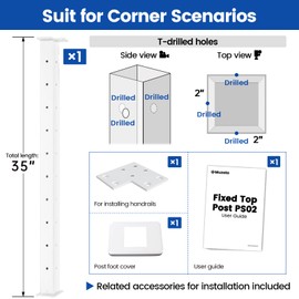 Muzata T-Corner Cable Railing Post 36"x2"x2" White Flat Top Square Corner Post Three Side Holes for Wood Concrete Top Mount Deck Stainless Steel Handrail, PS02 W34S