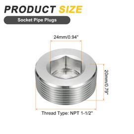 sourcing map 1Pcs Male Thread Socket Pipe Plug, NPT 1-1/2" Stainless Steel Internal Hex Thread Pipe Caps for Pipe Fitting and Sealing, Silver