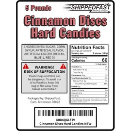 Cinnamon Discs Hard Candies - (5 Pound Bag) of Individually Wrapped Red Cinnamon Candy Disks.