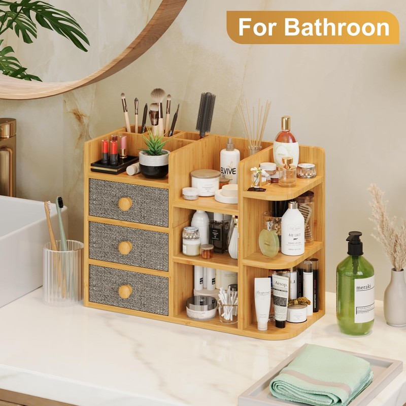 Makeup Organizer Countertop With Brush Holder For Vanity, Large Bamboo