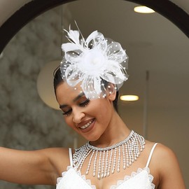 Jovono 20s Flower Feather Headbands Lace Veil Fascinator Hat Bridal Cocktail Tea Party Headpiece for Women (White)