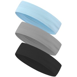 Pack of 3 Sports Headbands, Elastic Non-Slip Headbands, Hair Bands, Sporty Headband, Sweatband, for Running, Cycling, Yoga, Basketball (Black, Grey, Blue)
