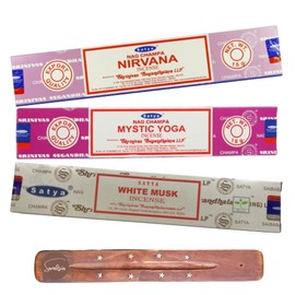 Satya Nag Champa Nirvana, Mystic Yoga and White Musk Incense Sticks | x3 pack | with SAMASIA incense sticks holder | Burn for Yoga
