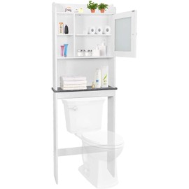 SUPER DEAL Over The Toilet Bathroom Storage Cabinet Freestanding Wooden Bathroom Organizer with Adjustable Shelves and Glass Door, White