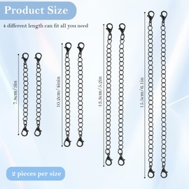 Pack of 8 Black Chain Extenders, 4 Sizes Stainless Steel Extension Chain, Bracelet Extension to Extend Your Necklaces and Bracelet for Women