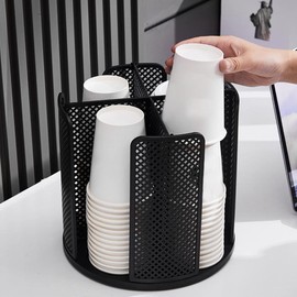 Pcapzz Cup Dispenser 360° Rotatable 4 Compartment Cups and Lids Holder Detachable Desktop Coffee Cup Dispenser Multifunctional Cup Organizer Cosmetic Rack for Bathroom Bar Coffee Station(Black)
