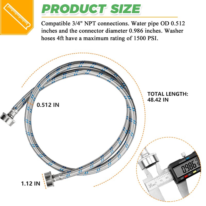 4ft Premium Stainless Steel Washing Machine Hoses Burst Proof 2