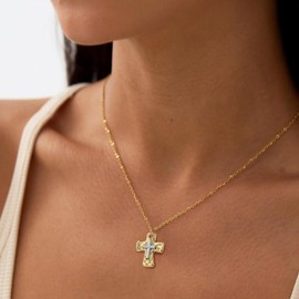 SERYNOW Chunky Hammered Cross Necklace for Women Men - Mixed Metal Religious Christian Statement Cross Pendant Jewelry Gift for Her