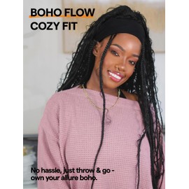 GORGIUS Goddess Braided Headband Wig with Curly Hair Black Synthetic Box Braid Wig with Head Band Attached Knotless Ready to Go Glueless Braiding Hair Wig For Women