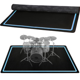 Drum Rug, 4 x 5 Ft Drum Mat with Non-Slip Grip Bottom, Soundproof Floor Pad for Electrical, Ideal Present for Drummers, Blue and White Border