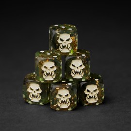 Orc Dice Set – 10 x D6 (16mm) Green Dice with Orc Skull Emblem, Hand-Painted, Perfect for Wargames, Warhammer, Tabletop RPGs, Premium Packaging