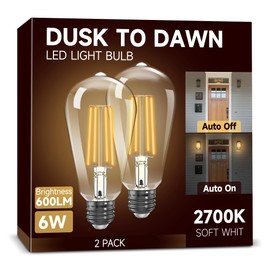 Dusk to Dawn Light Bulbs, Outdoor Light Bulbs, ST64 6W Equivalent 60W, 2700K Soft White, 600LM LED Outdoor Lighting, E26 Base, Photocell Sensor, Auto On/Off Bulb for Porch Patio Garage, 2 Pack