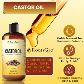 RootsGro Castor Oil – Cold-Pressed for Hair, Skin & Nails – Deep Moisturizing & Conditioning – Ideal for Scalp, Cuticles & Skincare – Non-GMO & Cruelty-Free – Thick Texture for Hydration – 16 Fl Oz
