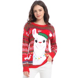 v28 Women Ugly Christmas Sweater Round Neck Long Sleeve Vintage Pullover Oversized Knit Sweaters (T2Style,S)