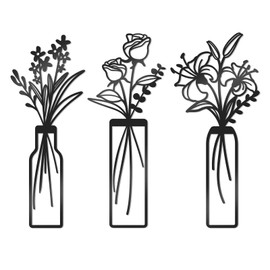 KOYILTD 3 Pcs Large Black Metal Flowers and Vases Wall Decor Farmhouse Metal Flowers Wall Art Minimalist Art Flower Arrangement for Living Room Bedroom or Kitchen (Black, Floral C)