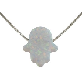 aJudaica Created Fire Opal Hamsa Hand Necklace Opal Pendant with Sterling Silver Chain (White, 17.5)