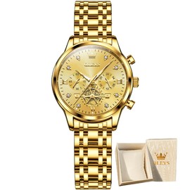 OLEVS Women Wrist Watch Gifts Bracelet Set Chronograph for Lady Women Business Dress Gold Casual Analog Waterproof Luminous Two Tone Female Watch
