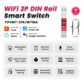 Smart Switch,WiFi 2P 18mm 16A AC100-240V DIN Rail Switch Supports Complete Circuit Disconnect for Safety,Smart Home Timer and Remote Control via Smart Life/Tuya,Energy Monitoring,FCC Certified