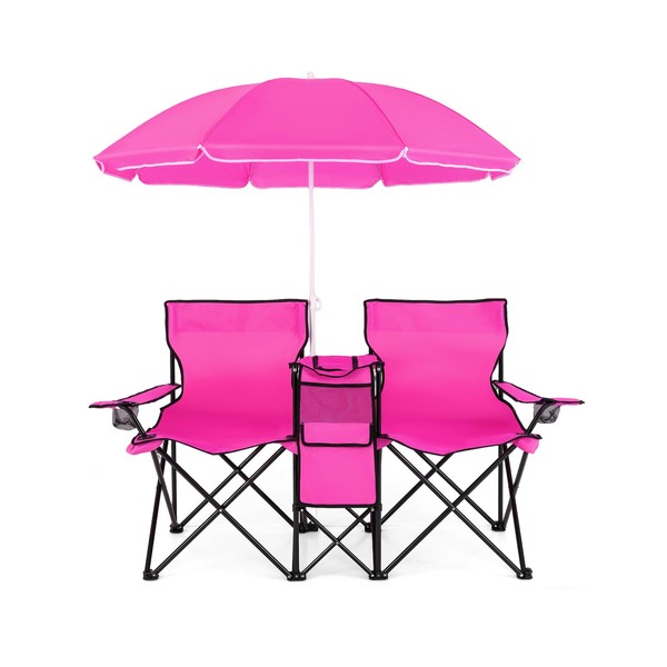 MAT EXPERT Folding Double Camp Chair w/Removable Umbrella, Portable Picnic