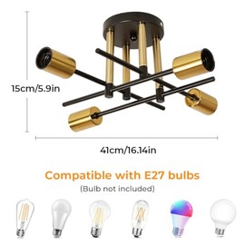 Pheashine Pheashine Industrial Chandeliers Ceiling Light Living Room, 4-Light Semi Flush Mount Ceiling Lamp with E27 Base, Modern Vintage Ceiling Lighting Fixture for Kitchen Bedroom Dining Room(Black & Gold)