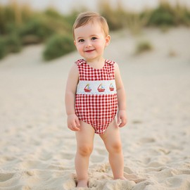 Youweixiong Baby Boy Girl Sailboat Romper Sleeveless Nautical Smocked Plaid Bubble Bodysuit Cotton Linen Jumpsuit Beach Summer Overalls (Red, 3-6 Months)