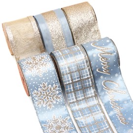 Ribbli Christmas Ribbon Wired Dusty Blue with Champagne Glitter Christmas Tree Ribbons for Crafts Gift Wrapping Wreaths Garland Home Decor -2.5 Inch x 6 Rolls Total 36 Yard