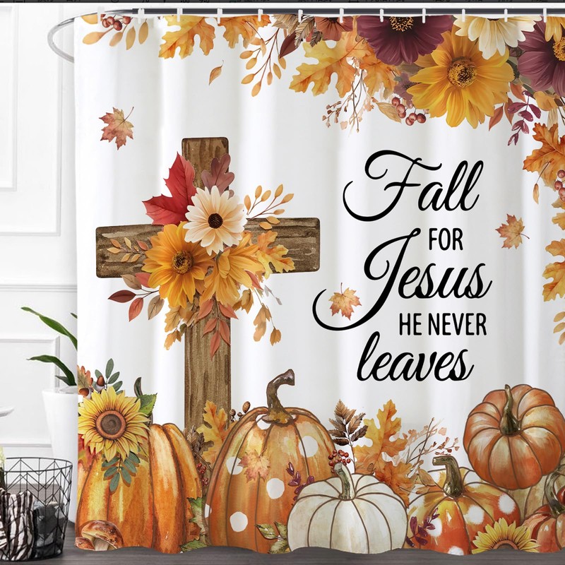 Baccessor Fall Shower Curtain Pumpkin Cross Shower Curtains Autumn Floral