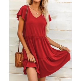 HOTOUCH Short Sleeve Cotton Ruffled Dress for Women Tiered Dress with Pockets Ruffled Plain A Line High Waist Stretch Cotton Casual Summer Dresses Red Large