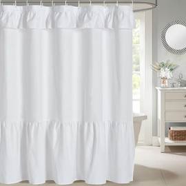 DOSLY IDÉES Ruffled Farmhouse Shower Curtain,White Fabric,Country and Chic Style,72x72 in