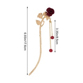 yueton 1Pack Rose Flower Hair Clips Vintage Chinese Style Red Flower Hairpins Unique Curved Hair Pins with Tassel for Women