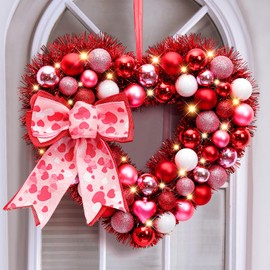 Alupssuc 14" Inch Valentine Heart Wreath with Bowknot and Lights by Batteries Operated for Front Door Wall Windows Valentine's Day Wedding Party Romantic Decorations,Gifts for Her/Him/Women/Men,Red