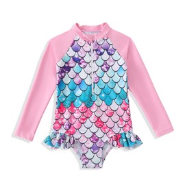 HPSOM Kids Girls Swimsuit Long Sleeve One Piece Swimwear Zipper Bathing Suit UV Protection Rash Guard Swimming Mermaid