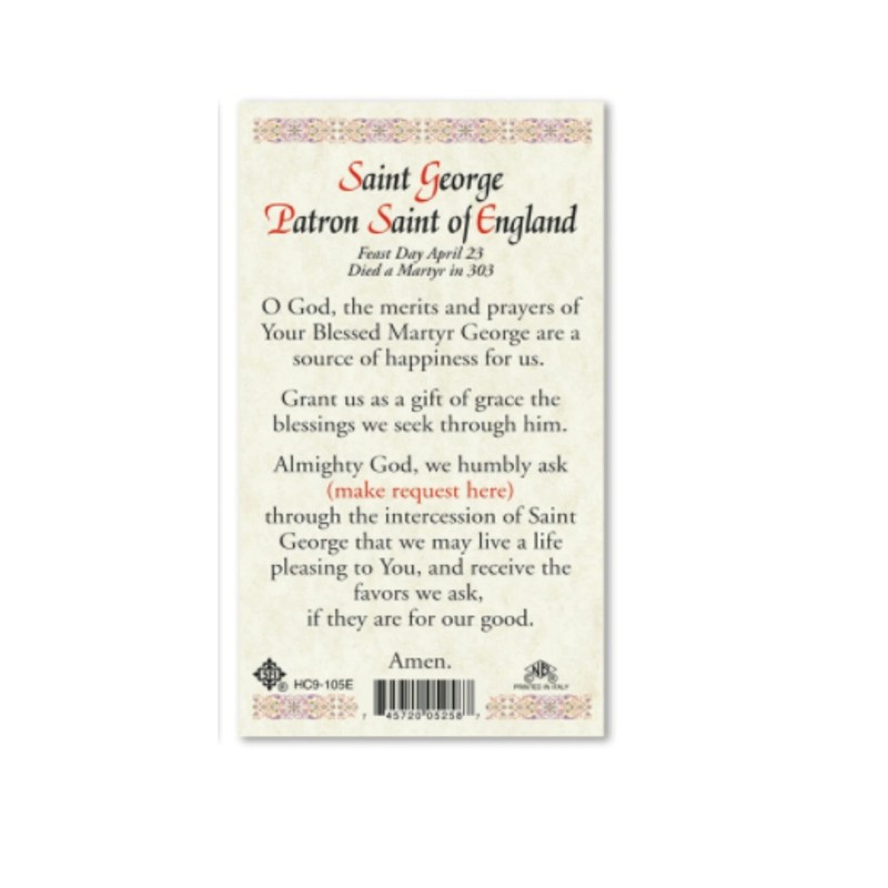 H HOLLY LINES St. George Laminated Prayer Cards Set of